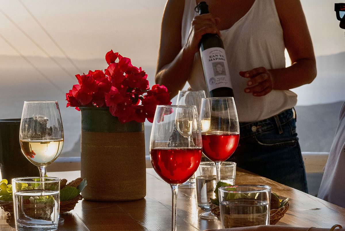 Terraced vineyards on the dry, stony hillsides of Apano Meria in northern Syros, with old bush vines and the Aegean visible in the distance. The island's wine country.